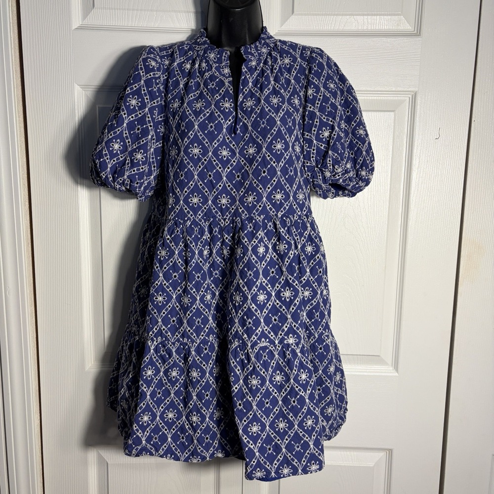 Sugarlips Jacey Babydoll Eyelet Mini Dress Women S Blue White Embroidered Tiered